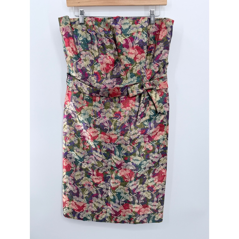 David Meister Dress Womens 12 Multicolor Floral Brocade Strapless Sheath Luxe‎